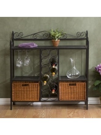 Kitchen Dining Baker's Rack with Wine Storage and Rattan Baskets