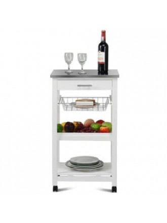 White Kitchen Cart with Storage Drawer and Stainless Steel Top