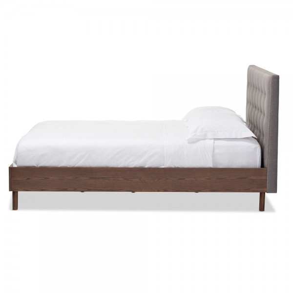 Baxton Studio Alinia Mid-Century Retro Modern Grey Fabric Upholstered Walnut Wood Full Size Platform Bed