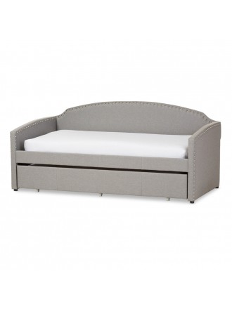 Baxton Studio Lanny Modern and Contemporary Grey Fabric Nail Heads Trimmed Arched Back Sofa Twin Daybed with Roll-Out Trundle Guest Bed