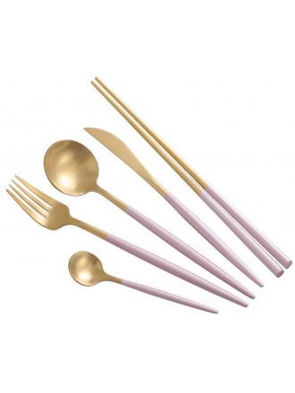 Creative Stainless Steel Five-piece Tableware, Pink And Golden