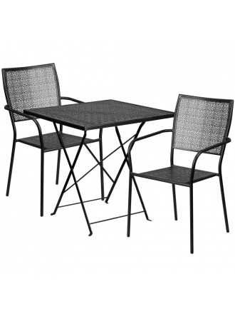 28'' Square Indoor-Outdoor Steel Folding Patio Table Set with 2 Square Back Chairs - Black
