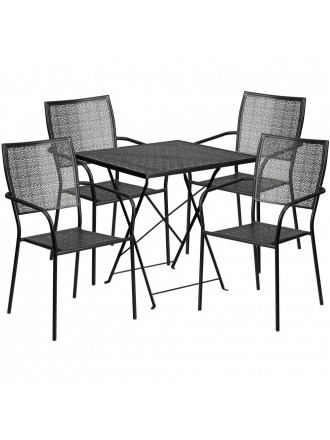 28'' Square Indoor-Outdoor Steel Folding Patio Table Set with 4 Square Back Chairs - Black