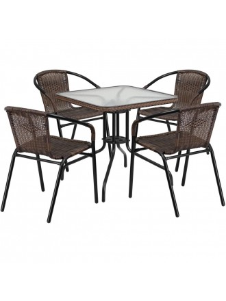 28'' Square Glass Metal Table with Rattan Edging and 4 Rattan Stack Chairs - Dark Brown