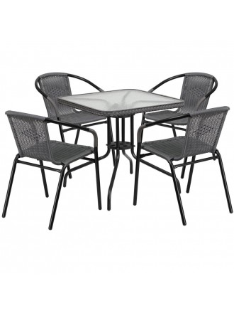 28'' Square Glass Metal Table with Rattan Edging and 4 Rattan Stack Chairs - Gray