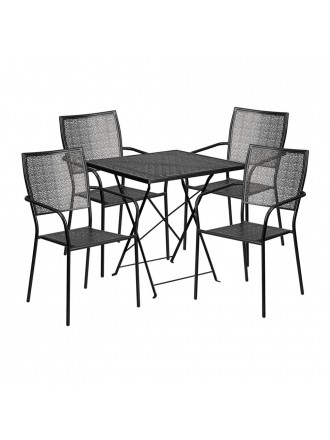 28'' Square Black Indoor-Outdoor Steel Folding Patio Table Set with 4 Square Back Chairs