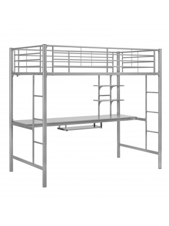 WE Furniture Premium Metal Twin Loft Bed with Detachable Wood Workstation- Silver