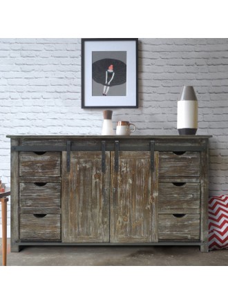 70 Inch Wooden Console with Barn Style Sliding Door Storage,Distressed Brown