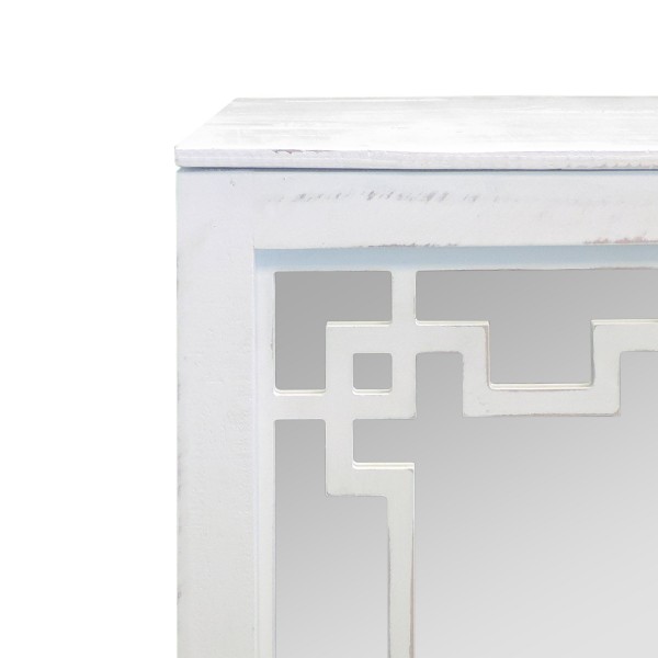 Geometric Pattern Wooden Side Table with Mirrored Door Cabinet, White and Clear