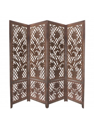 4 Panel Wooden Screen with Cutout Trellis Pattern and Flower Pot Carvings, Brown