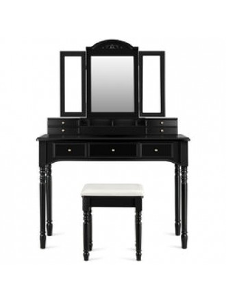 Vanity Tri-Folding Necklace Hooked Mirror Dressing Table Set with 7 Drawers