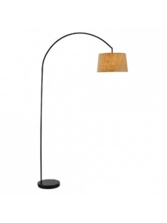 Modern Arching Floor Lamp in Matte Black with Taupe Burlap Fabric Drum Shade
