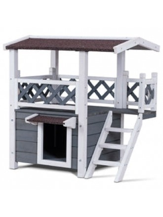 Modern Gray and White 2-Story Outdoor Weatherproof Wooden Cat House