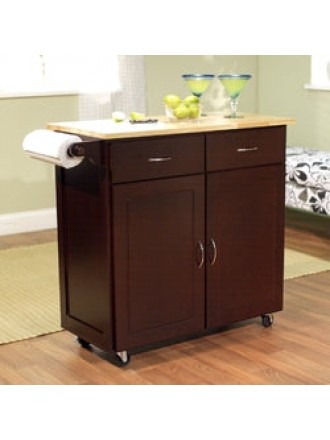 43-inch W Portable Kitchen Island Cart with Natural Wood Top in Espresso