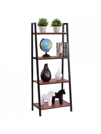 Ladder Style 4-Shelf Bookcase in Black Steel Walnut Wood Finish