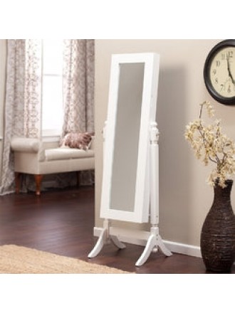 Full Length Tilting Cheval Mirror Jewelry Armoire Cabinet in Gloss White