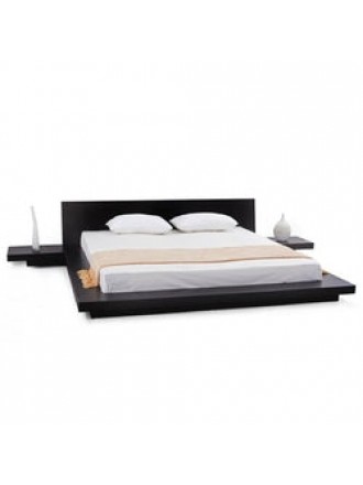 King Modern Platform Bed with Headboard and 2 Nightstand in Ash Black