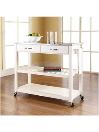 Stainless Steel Top Kitchen Cart Island in White on Casters