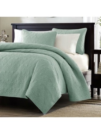 King size Seafoam Green Blue Coverlet Set with Quilted Floral Pattern