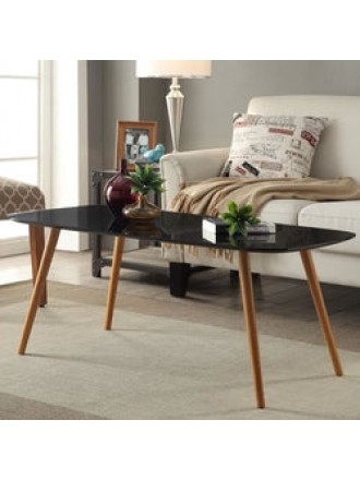 Modern Classic Mid-Century Style Black Top Coffee Table with Solid Wood Legs