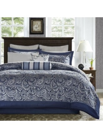 California King 12-piece Reversible Cotton Comforter Set in Navy Blue and White
