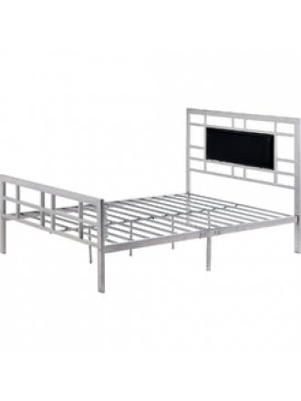 Queen Modern Classic Silver Metal Platform Bed Frame with Upholstered Headboard