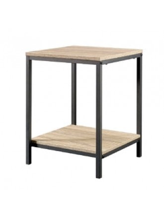 Modern Black Metal Frame End Table with Oak Finish Wood Top and Bottom Shelf