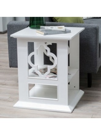 White Wood 2-Shelf Quatrefoil End Table